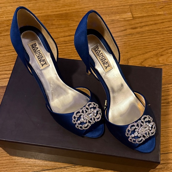 Badgley Mischka Shoes - Badgley Mischka Navy Satin Heels with Embellishments